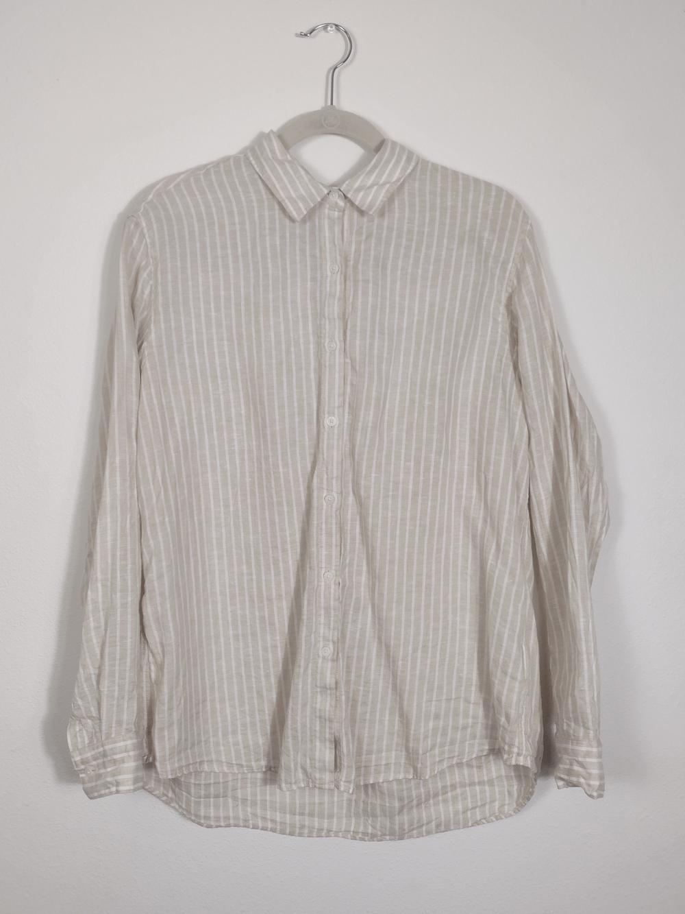 Uniqlo 100% Premium Linen Button Down Shirt Beige White Striped Size XL